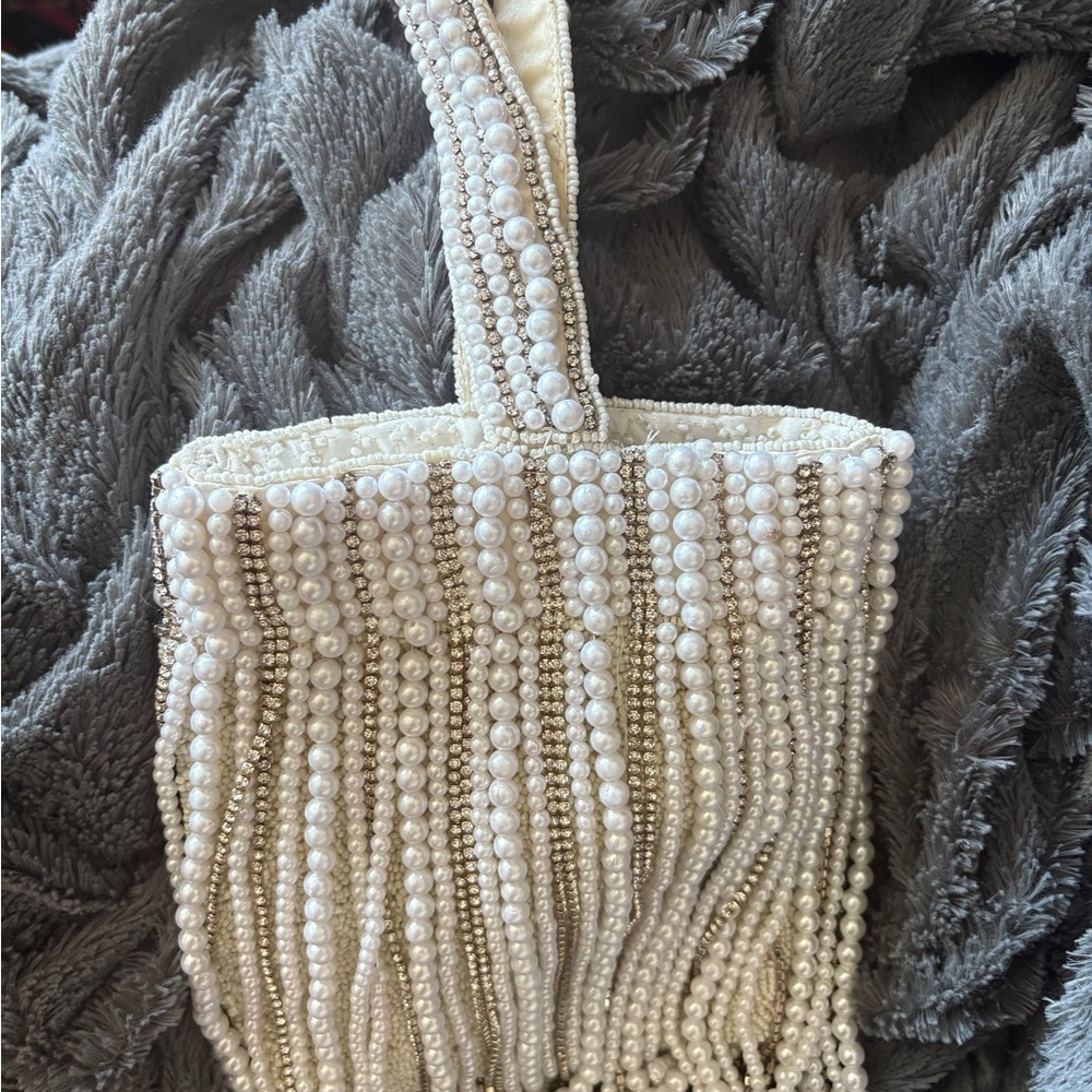 Cream Textured Clutch with Pearl beaded Design